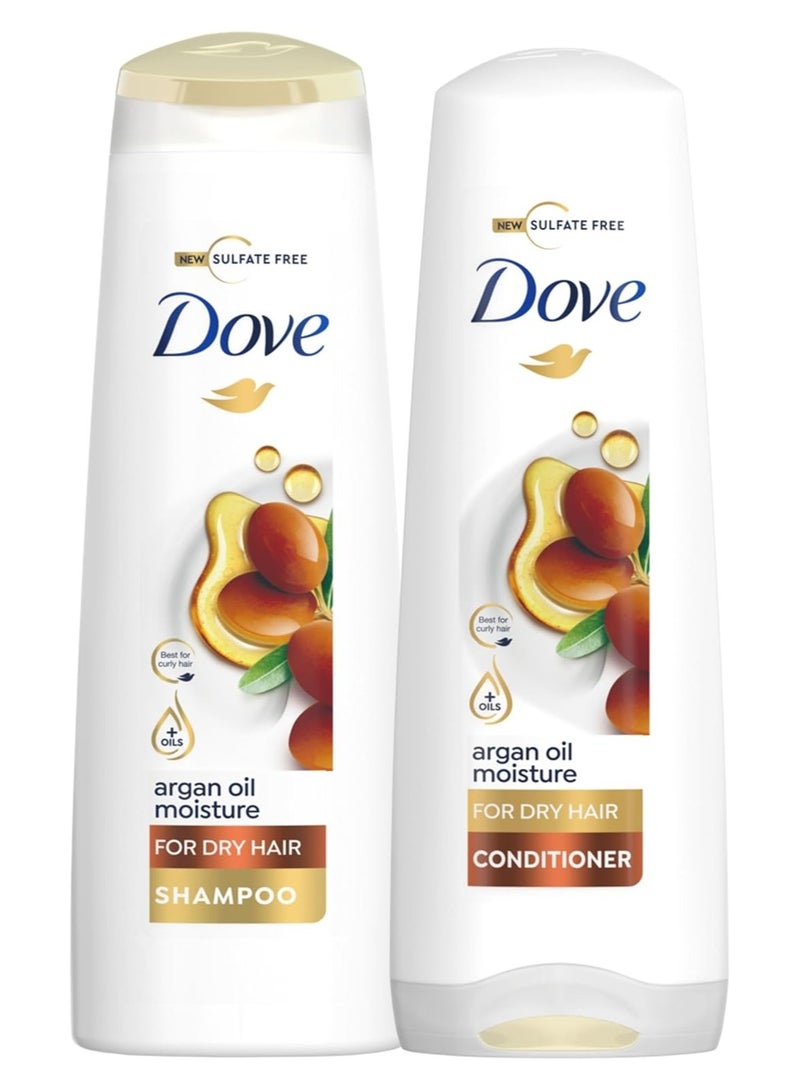 Dove Shampoo hydrates dry hair, leaving it soft and frizz-free for up to 72 hours, Argan Oil Moisture, no dyes, parabens or sulfates, 400ml + Conditioner, 350ml - Image 1